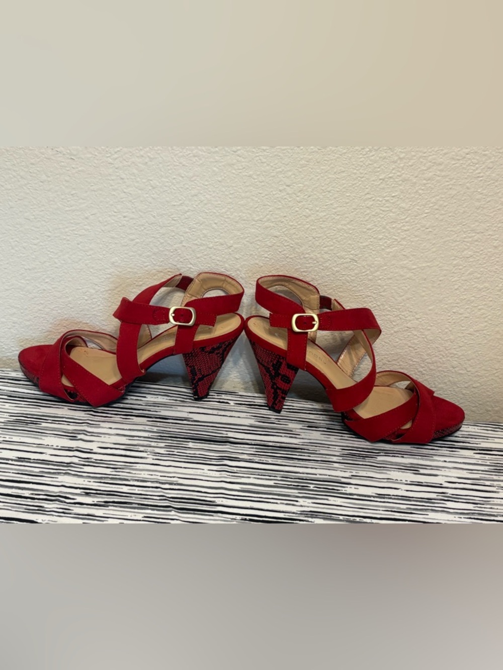 CL by Laundry Red Suede Strappy Snake-Print Cone Heel Sandals